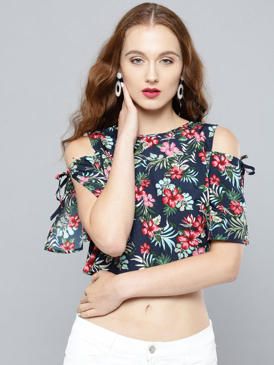 Navy Blue Tropical Print Slit Sleeve Cold Shoulder Top