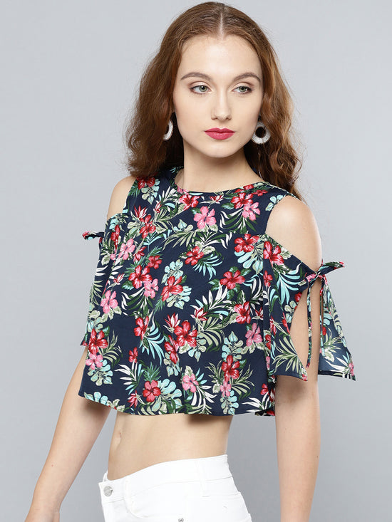 Navy Blue Tropical Print Slit Sleeve Cold Shoulder Top