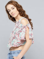 Beige And Peach Paisley Slit Sleeve Cold Shoulder Top