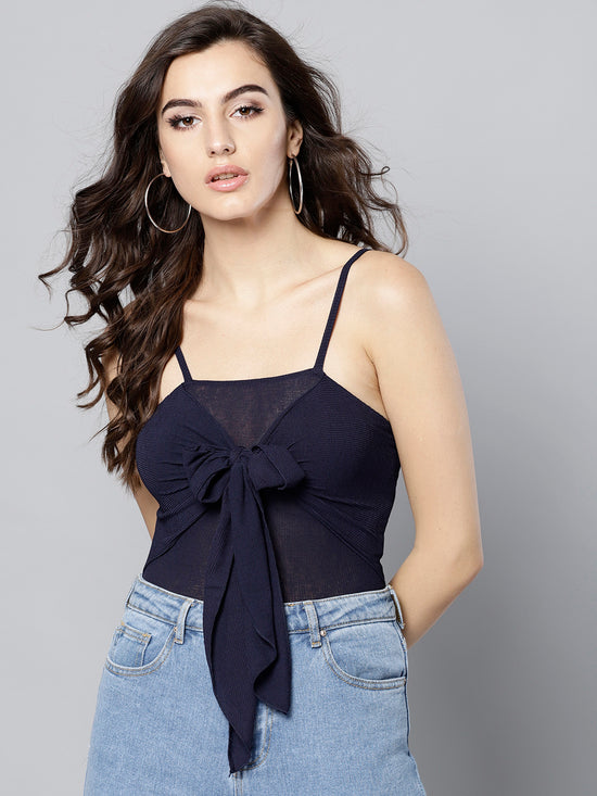 Navy Blue Front Knot Strappy Crop Top