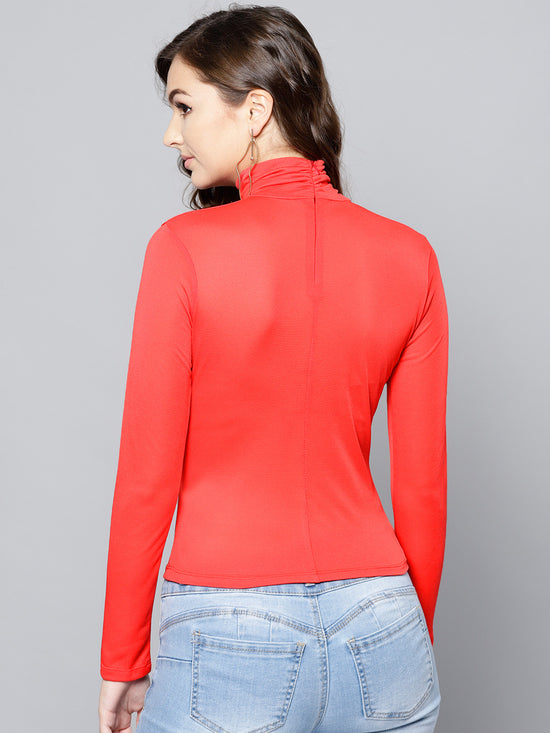 Red High Neck Full Sleeve Bodycon Top