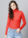 Red High Neck Full Sleeve Bodycon Top