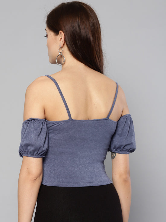 Veni Vidi Vici Indigo Front Twist Puffed Sleeve Top