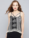 Black And White Paisley Boho Swing Top With Lace Hem