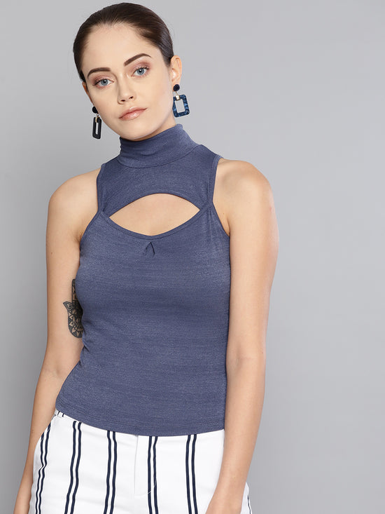 Veni Vidi Vici Indigo High Neck Keyhole Top