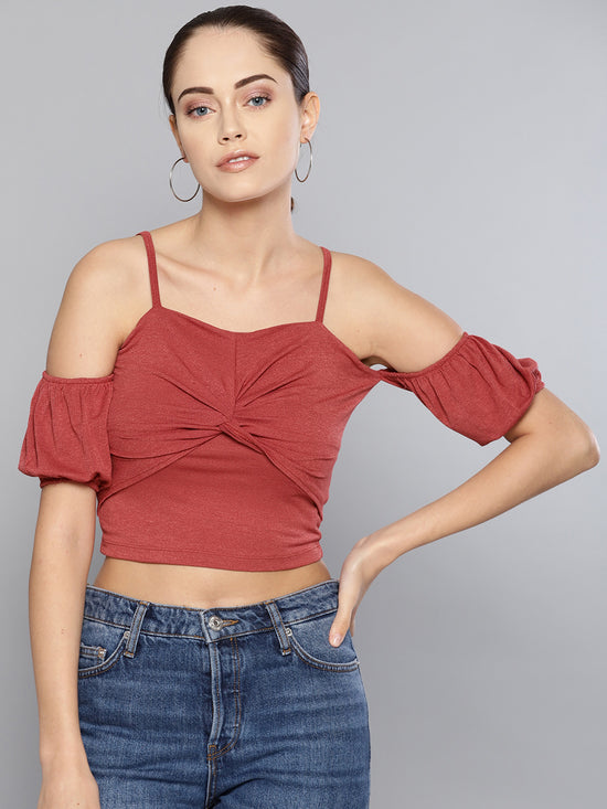 Veni Vidi Vici Rosewood Front Twist Puffed Sleeve Top