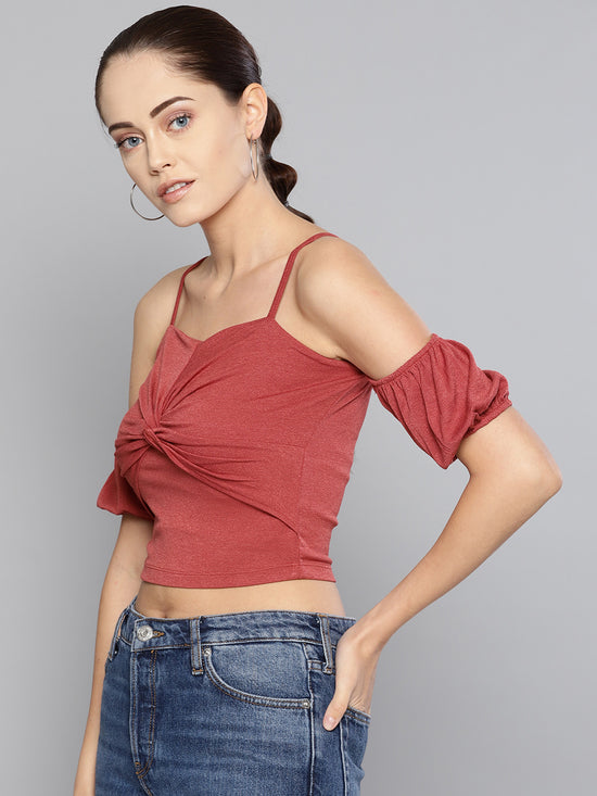 Veni Vidi Vici Rosewood Front Twist Puffed Sleeve Top