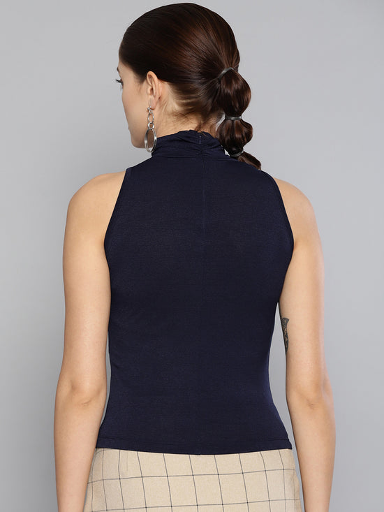 Veni Vidi Vici Navy High Neck Keyhole Top