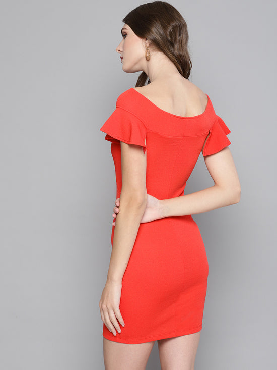 Coral Frilled Bandage Bardot Bodycon Dress