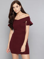 Maroon Frilled Bandage Bardot Bodycon Dress