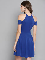 Royal Blue Frilled Cold Shoulder Skater Dress