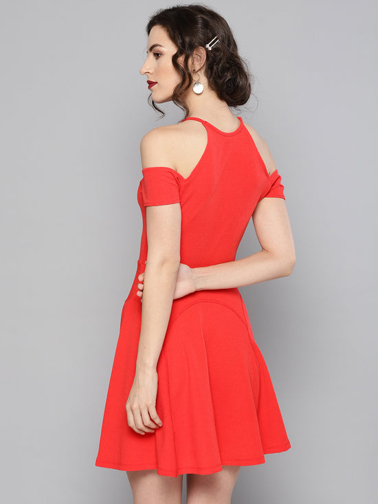 Coral Frilled Cold Shoulder Skater Dress