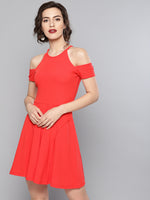 Coral Frilled Cold Shoulder Skater Dress