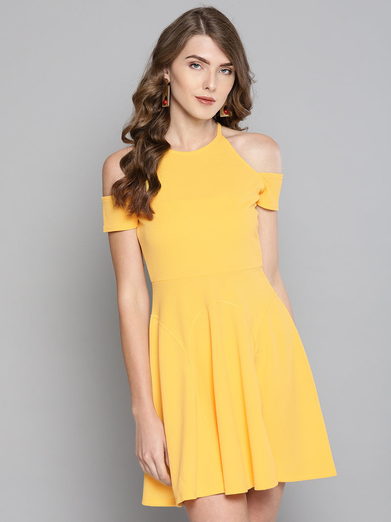 Yellow Frilled Cold Shoulder Skater Dress