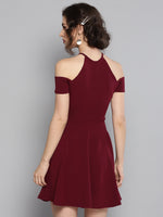 Maroon Frilled Cold Shoulder Skater Dress