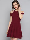 Maroon Frilled Cold Shoulder Skater Dress