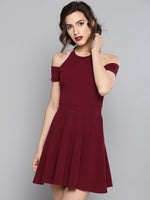 Maroon Frilled Cold Shoulder Skater Dress