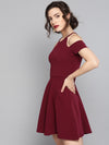 Maroon Frilled Cold Shoulder Skater Dress