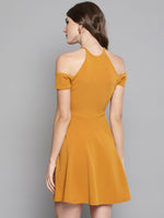 Mustard Frilled Cold Shoulder Skater Dress