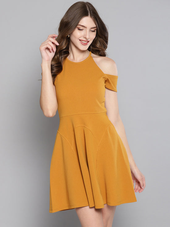 Mustard Frilled Cold Shoulder Skater Dress