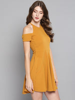 Mustard Frilled Cold Shoulder Skater Dress