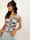 Veni Vidi Vici Peach Striped Floral Frilled Bustier Top