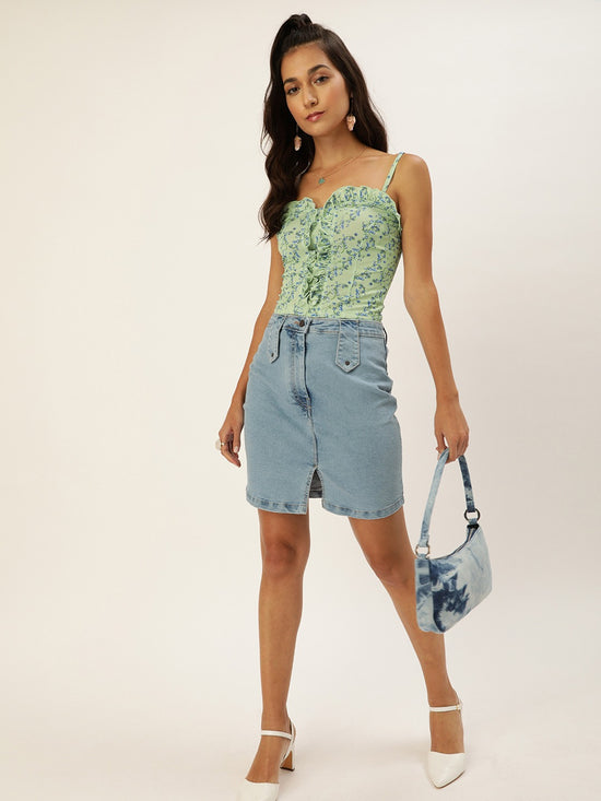 Veni Vidi Vici Green Small Floral Frilled Bustier Top