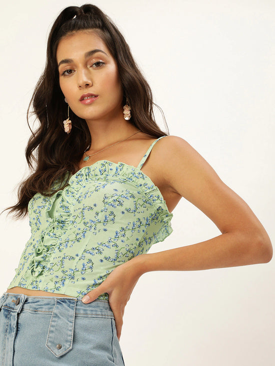 Veni Vidi Vici Green Small Floral Frilled Bustier Top