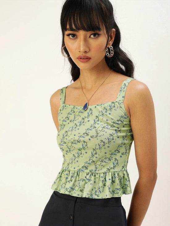 Veni Vidi Vici Green Small Floral Frilled Bottom Strappy Top