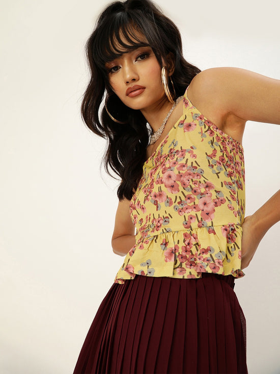 Veni Vidi Vici Mustard Floral Frilled Bottom Strappy Top