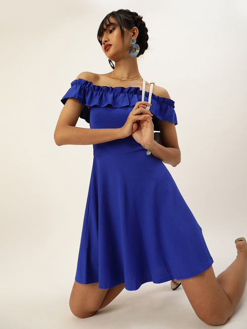 Veni Vidi Vici Royal Blue Frilled Bardot Skater Dress