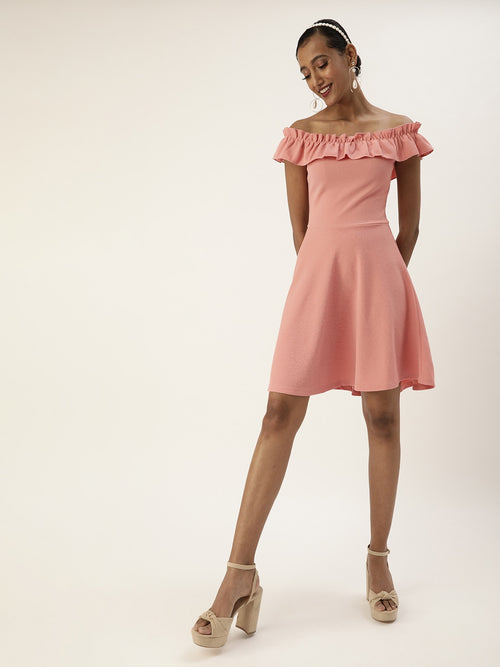 Veni Vidi Vici Pastel Peach Frilled Bardot Skater Dress