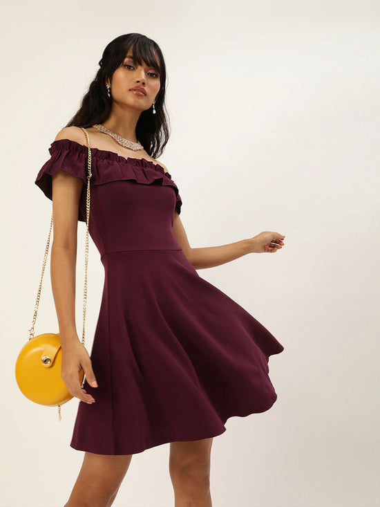 Veni Vidi Vici Maroon Frilled Bardot Skater Dress