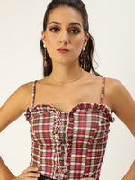 Veni Vidi Vici Mustard And Red Plaid Frilled Bustier Top