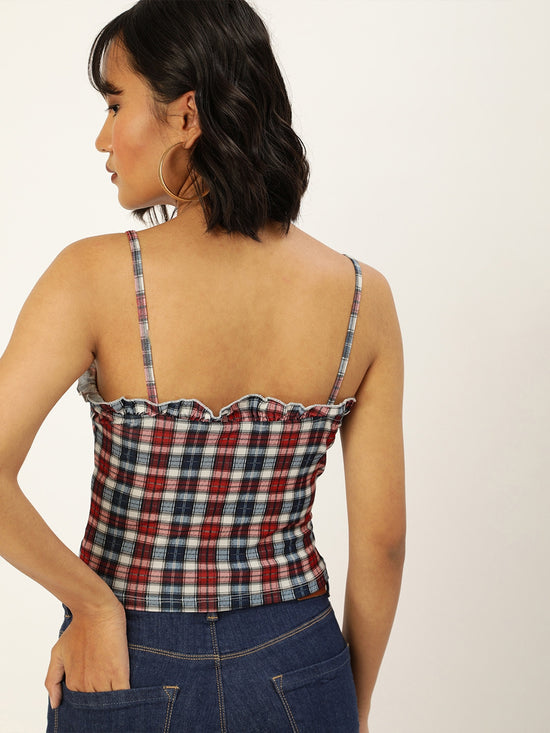 Veni Vidi Vici Red And Navy Plaid Frilled Bustier Top