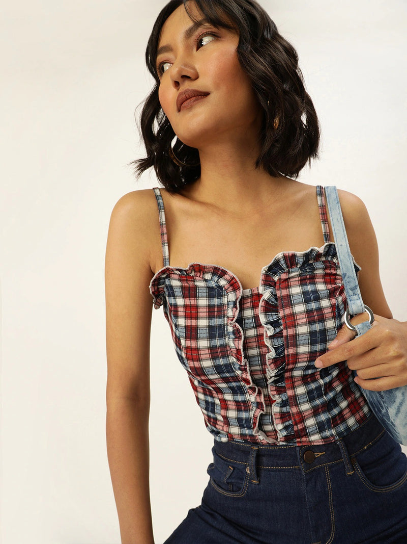 Veni Vidi Vici Red And Navy Plaid Frilled Bustier Top