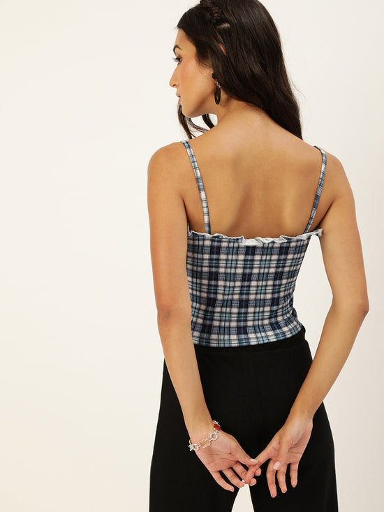 Veni Vidi Vici Cyan And Navy Plaid Frilled Bustier Top