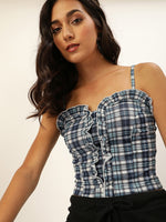 Veni Vidi Vici Cyan And Navy Plaid Frilled Bustier Top