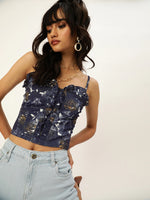 Veni Vidi Vici Navy Noir Floral Frilled Bustier Top