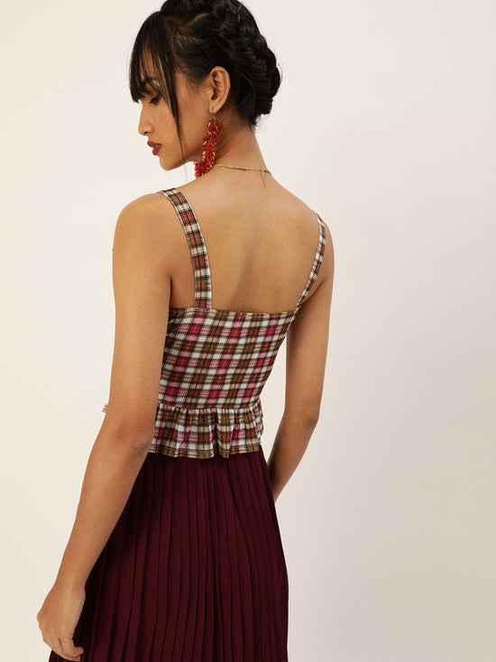 Veni Vidi Vici Mustard And Red Plaid Frilled Bottom Strappy Top