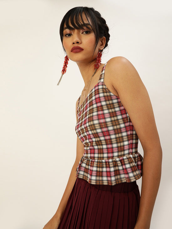 Veni Vidi Vici Mustard And Red Plaid Frilled Bottom Strappy Top