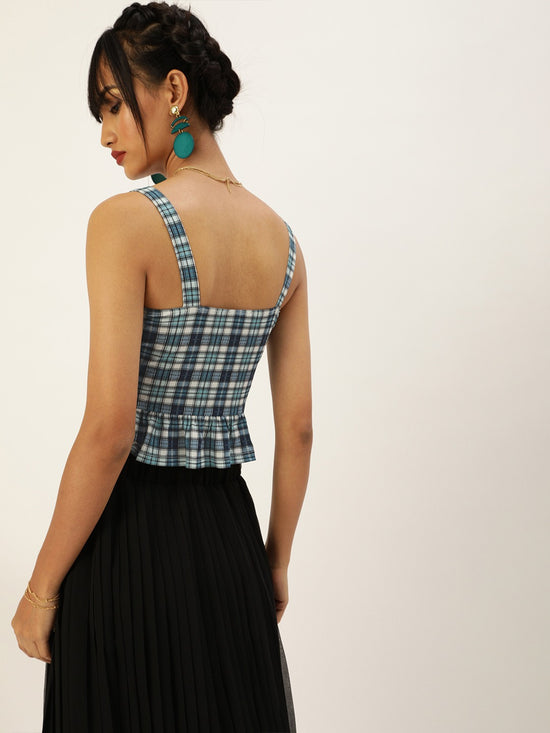 Veni Vidi Vici Cyan And Navy Plaid Frilled Bottom Strappy Top