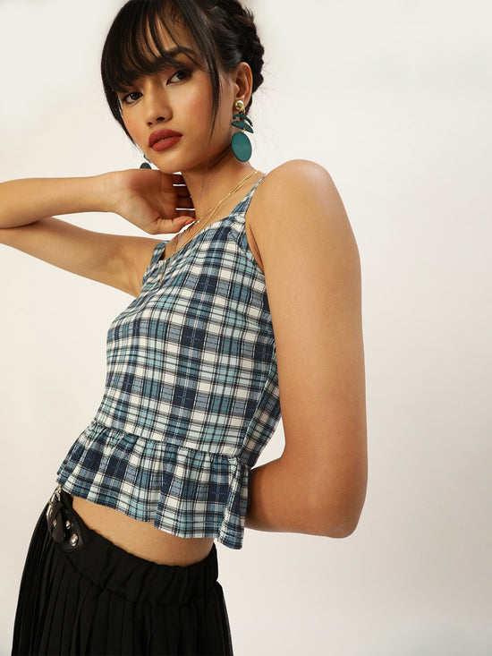 Veni Vidi Vici Cyan And Navy Plaid Frilled Bottom Strappy Top