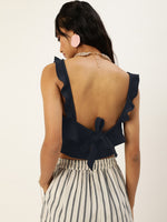 Veni Vidi Vici Navy Blue Frilled Tie Back Top