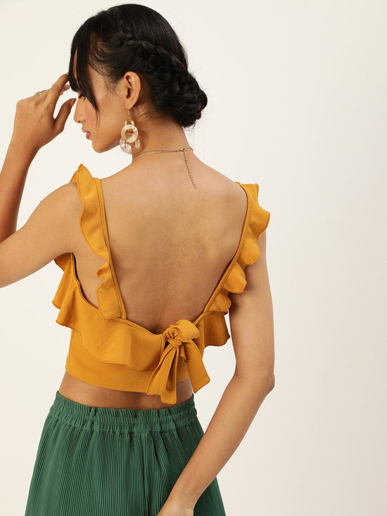 Veni Vidi Vici Mustard Frilled Tie Back Top