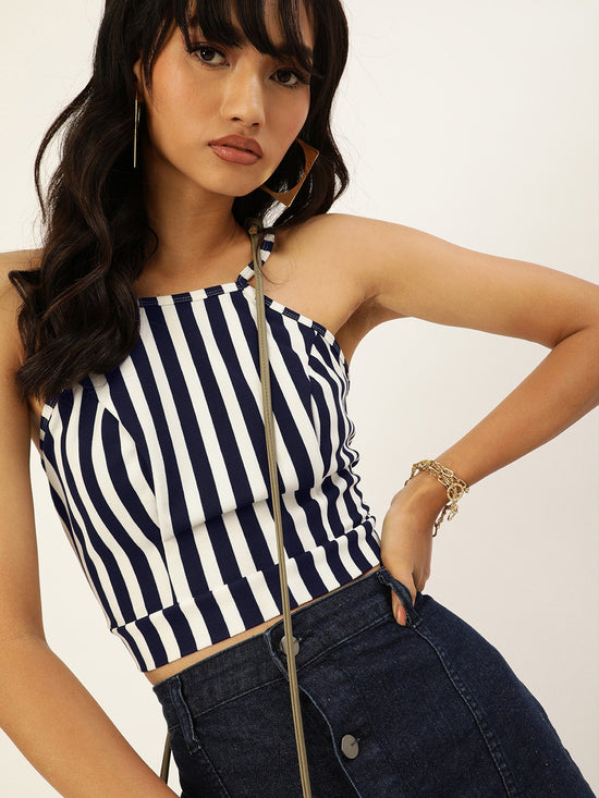 Veni Vidi Vici Blue Horizontal Stripe Tie Back Top