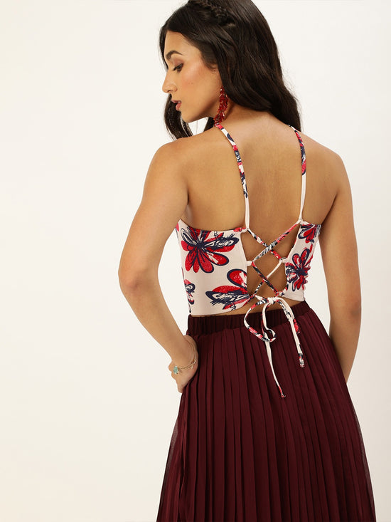 Veni Vidi Vici Red Floral Lace Up Back Top