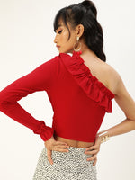 Veni Vidi Vici Red Frilled One Shoulder Top