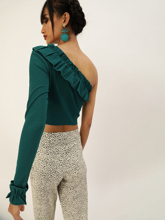 Veni Vidi Vici Dark Green Frilled One Shoulder Top