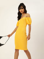 Veni Vidi Vici Yellow Sweetheart Neck Bardot Midi Dress